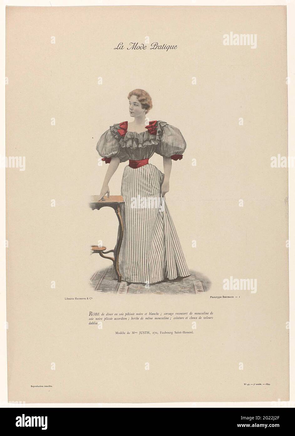 La Mode Pratique, 1894, 3rd Année, No. 49: Robe de Diner and Soie Pékiné  (...). Woman in a dining japon of black and white striped 'soie pékinée',  the bodice is covered with