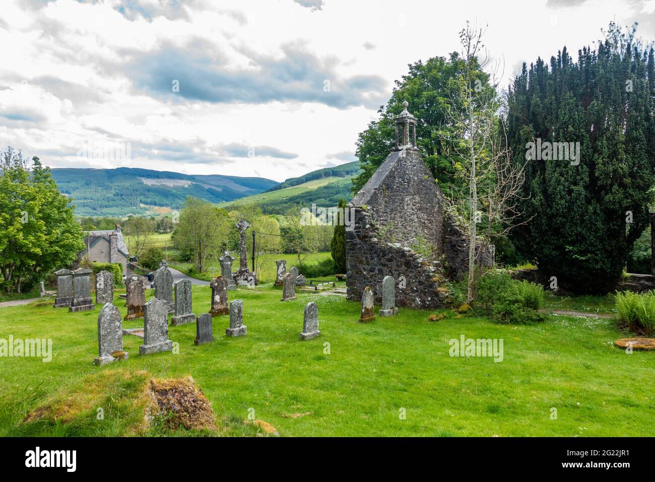 The ruin of the old kirk and graveyard at Balquhidder, Scotland, where folk hero Rob Roy MacGregor is buried. Stock Photo