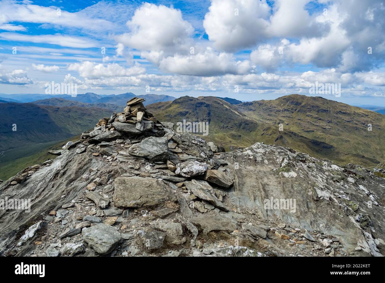 The summit cairn of the Munro mountain of Beinn Tulaichean near Crianlarich, Scotland Stock Photo