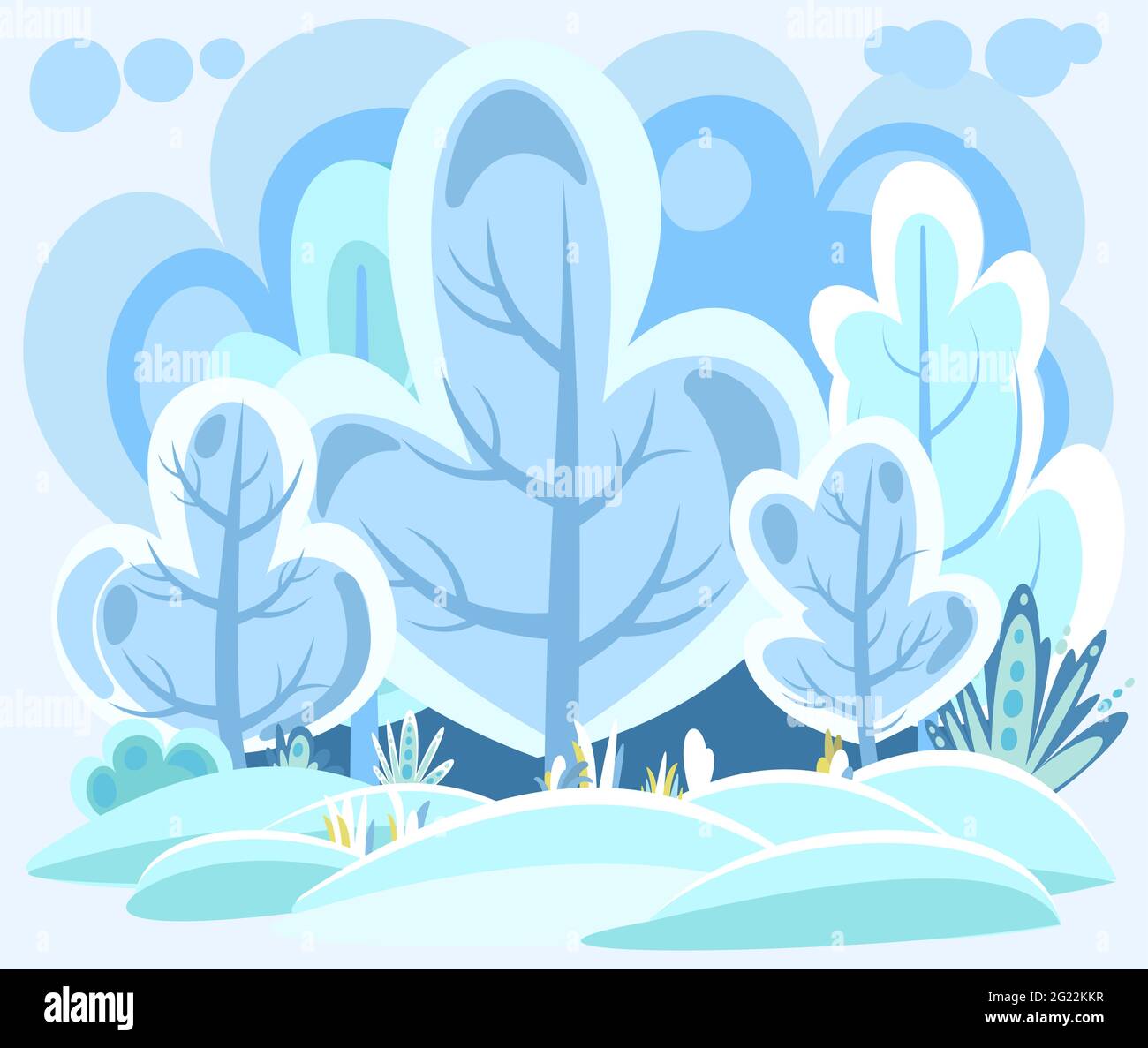 Flat winter forest. Beautiful frosty landscape with snow covered trees. Illustration in simple symbolic style. Funny scene. Comic cartoon design Stock Vector