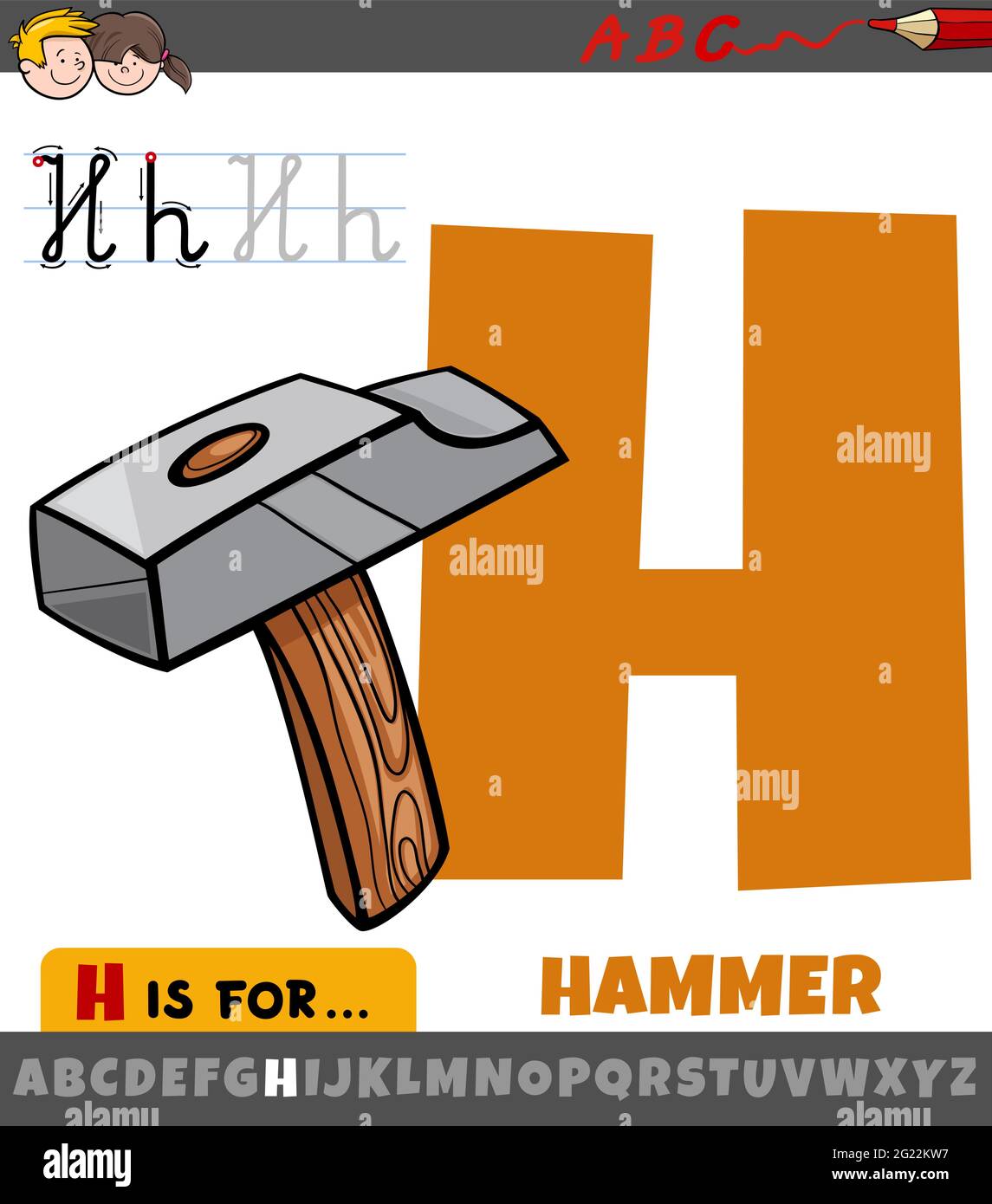 Educational cartoon illustration of letter H from alphabet with hammer