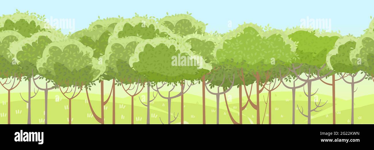 Thin young trees. Forest or garden. Against the backdrop of grassy green rural hills. A beautiful and graceful summer landscape. Flat style. Cartoon Stock Vector