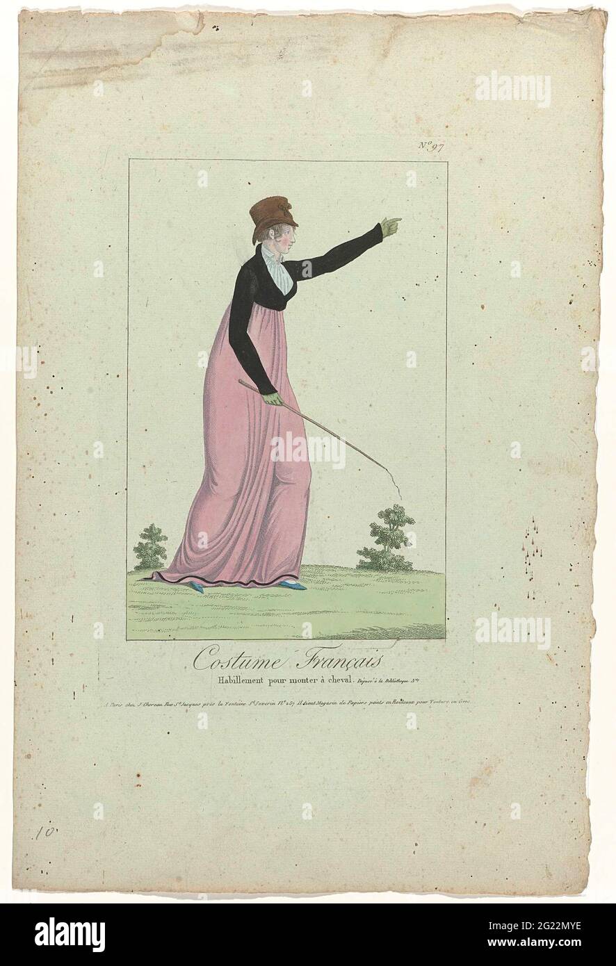 Costume Français, Puise Nouveau Costume Parisien 1799-1810, No. 97:  Habillement Pour Monter (...). Woman to the right, in Amazon costume  (Rijkostuum), consisting of a spencer and 'canezou' on a skirt with trail.