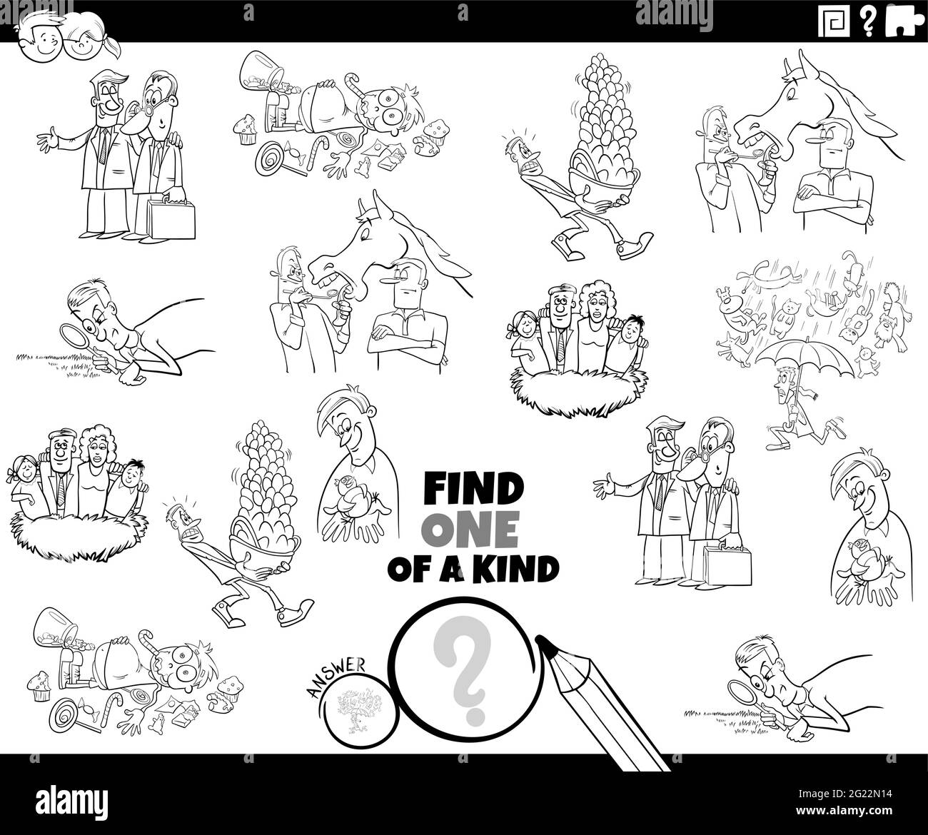 Black and white cartoon illustration of find one of a kind picture educational game for children with comic characters and sayings or proverbs colorin Stock Vector