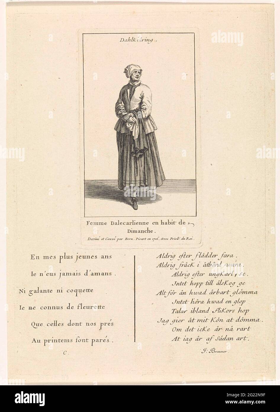 Swedish woman dressed on her Sunday; Swedish costumes. Figure in  Contemporary costume. The print has a title in Swedish and a caption in  French. Under the show a six-line poem in French