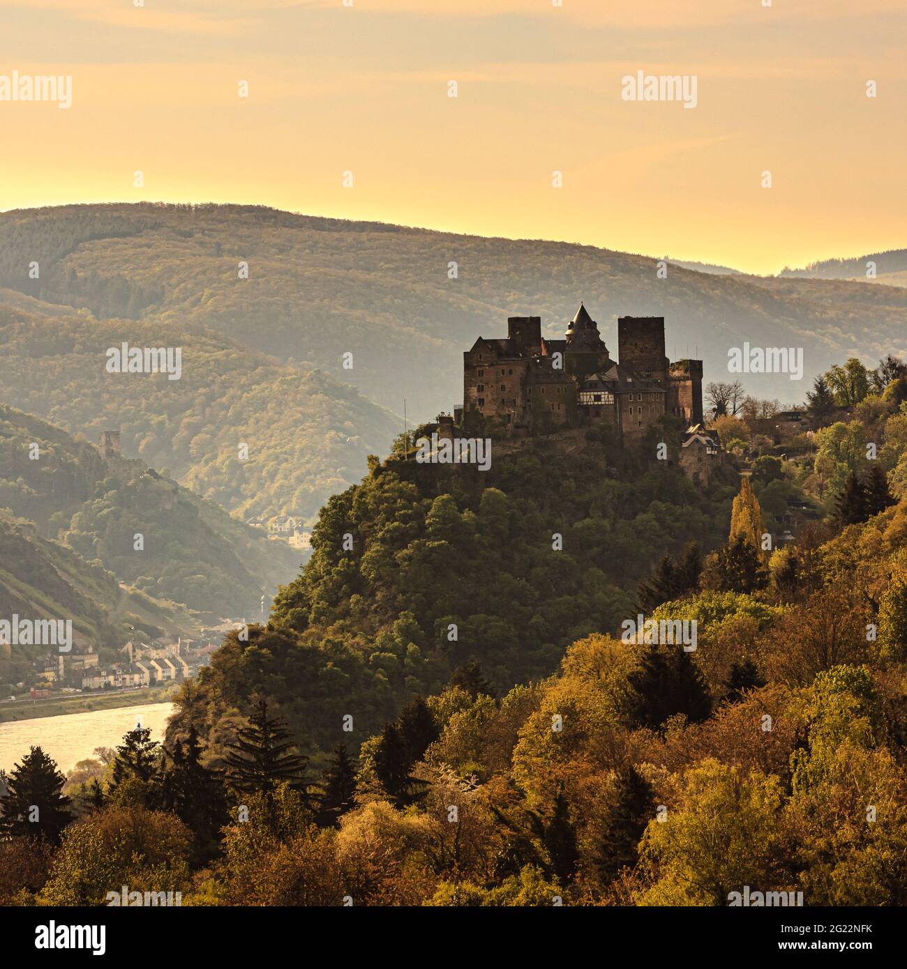 Schönburg castle at dawn, Oberwesel, rhine valley, Germany, Europe Stock Photo