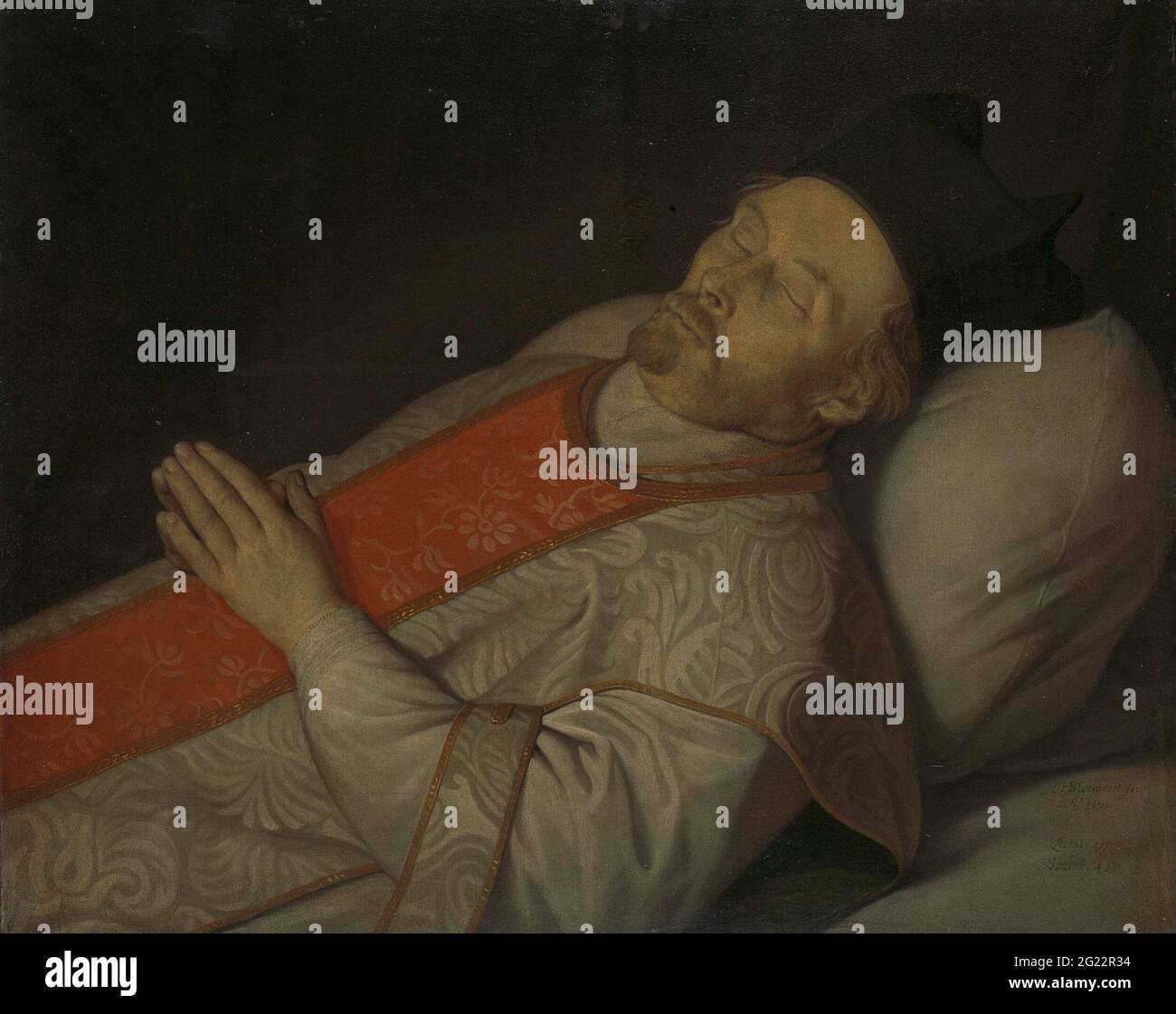 Johannes Puttkamer (1600-1671). Licentiate in Theology at the University of Utrecht, on His Deathbed. Portrait of Johannes Puttkamer, Licentiate in the Those in Utrecht, on his death bed. Stock Photo