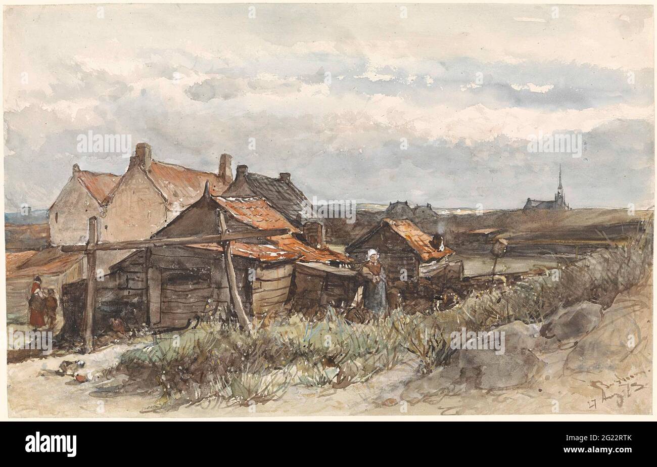 Fishing Family Houses in Scheveningen. For the last two weeks of August in 1873, Johannes Bosboom and his wife stayed at Zeerust Hotel in Scheveningen. There he drew several sketches, over fifteen of which he turned into watercolours. At the heart of this watercolour are a few simple, timberbuilt fishermen’s houses. In the distance, behind the dune, overgrown with beach grass, stands the Dutch Reformed church of Scheveningen. Stock Photo