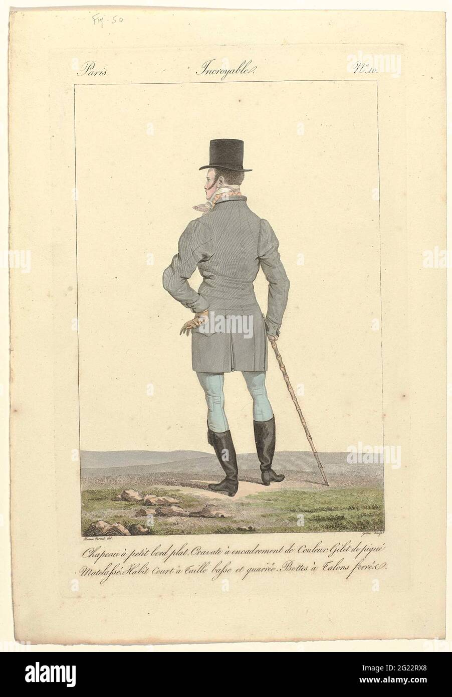 Incoyables et Merveilleuses, 1811, incoyable, no. 10: Chapeau à Petit plate  flat (...) .. 'incoyable', seen on the back, on the head a top hat with a  narrow flat edge. Around the