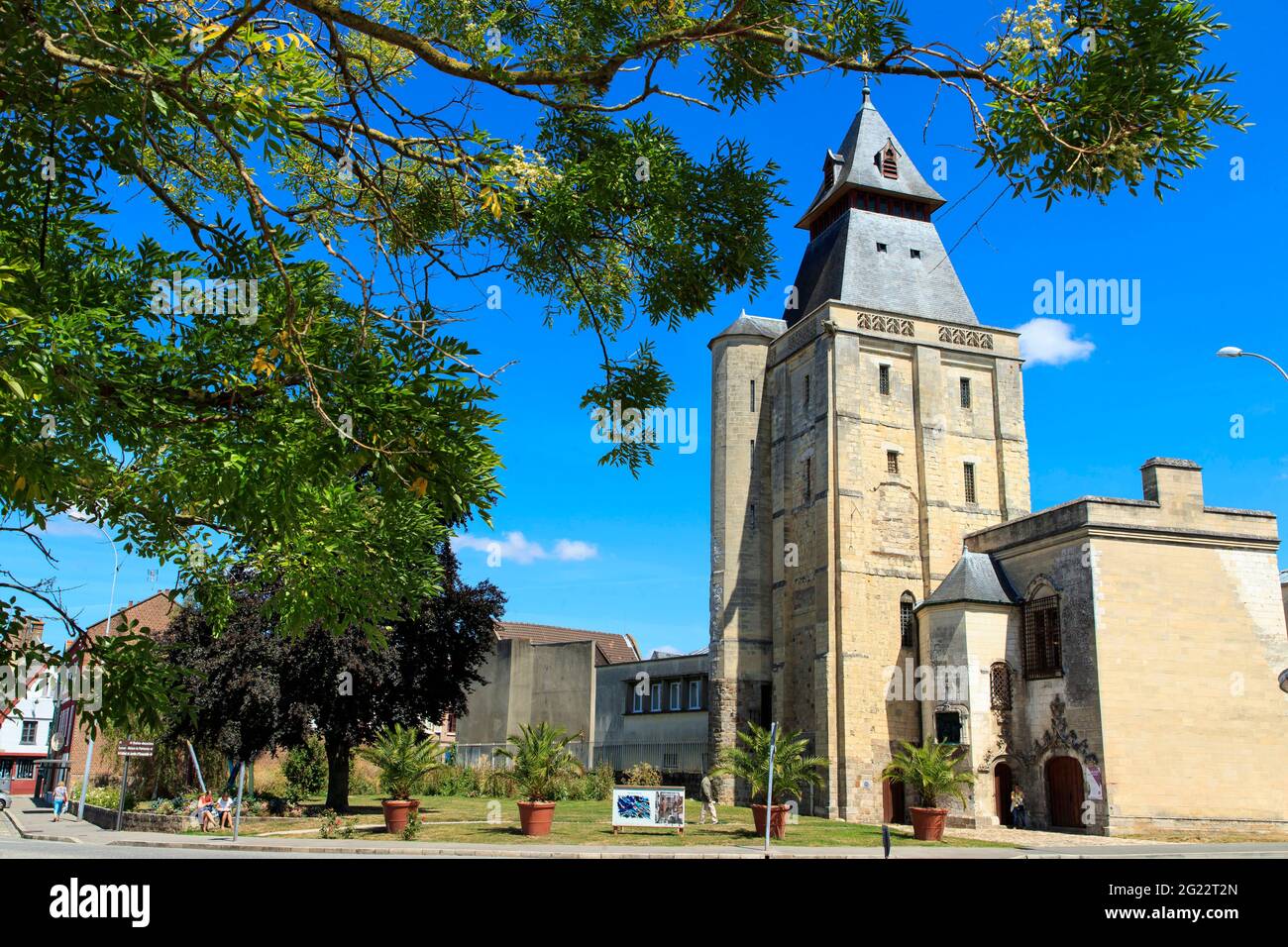 Abbeville (northern France): belfry in the town centre. The religious building is classified as a National Historic Landmark (French 'Monument histori Stock Photo