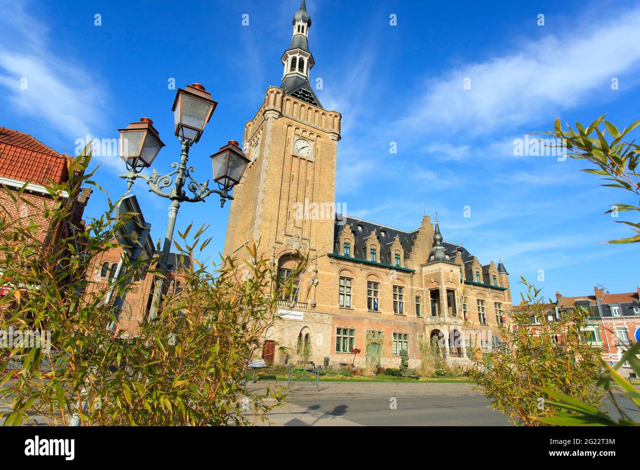 Bailleul (northern France): overview of the belfry and the Town Hall. The belfry is registered as a National Historic Landmark (French 'Monument histo Stock Photo