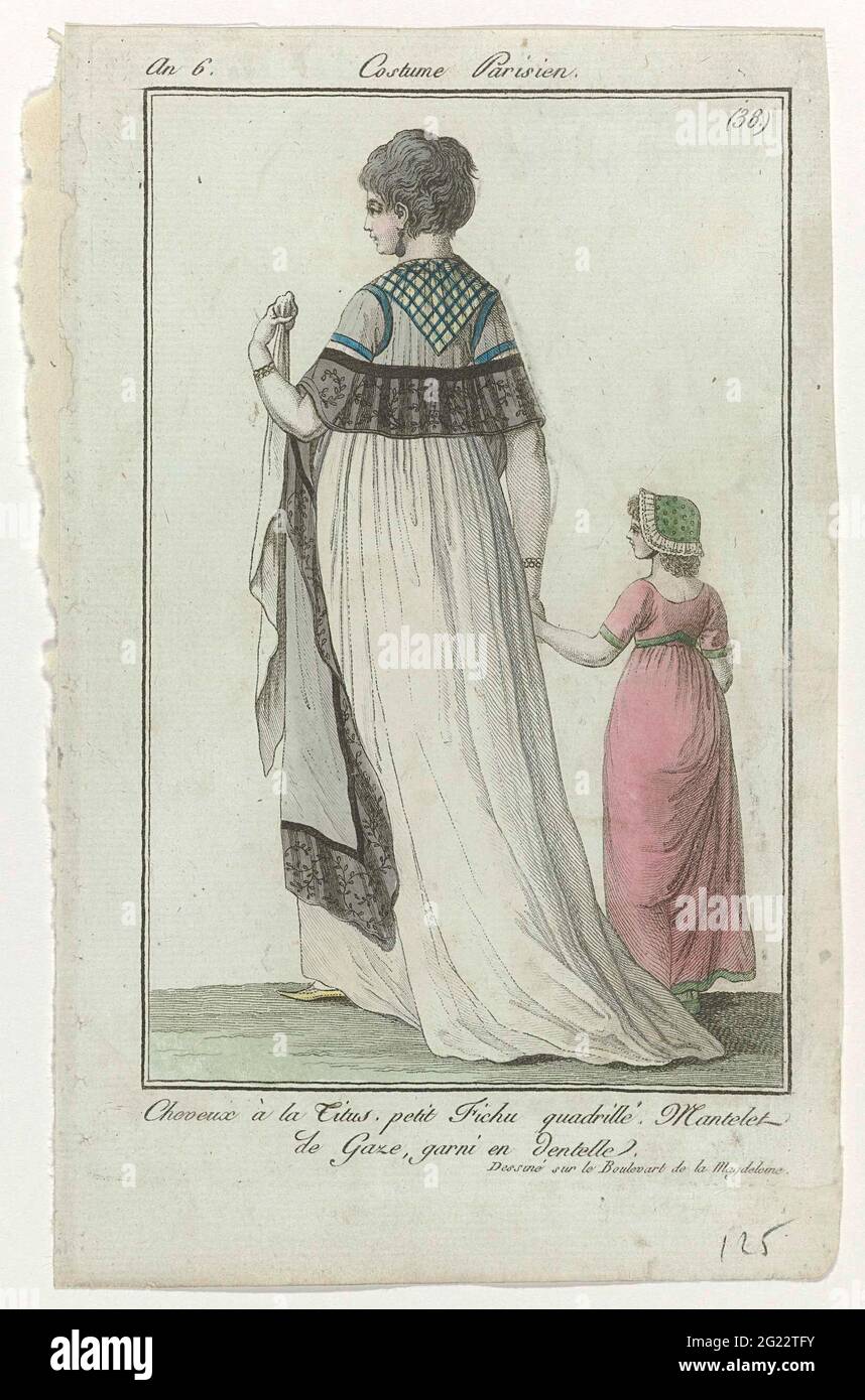 Journal des Ladies et des Modes, Costume Parisien, 25 Mai 1798, AN 6, (38):  Cheveux à la Titus (...). Woman with child, seen on the back. She has a  hairstyle 'à la