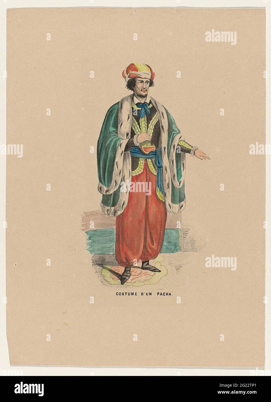 Costume d'un Pacha. Man in dressage as an Ottoman Pasha. Presentation added  to the sheet metal over the costumed ball held at the Palace of the Prince  of Orange (the later king