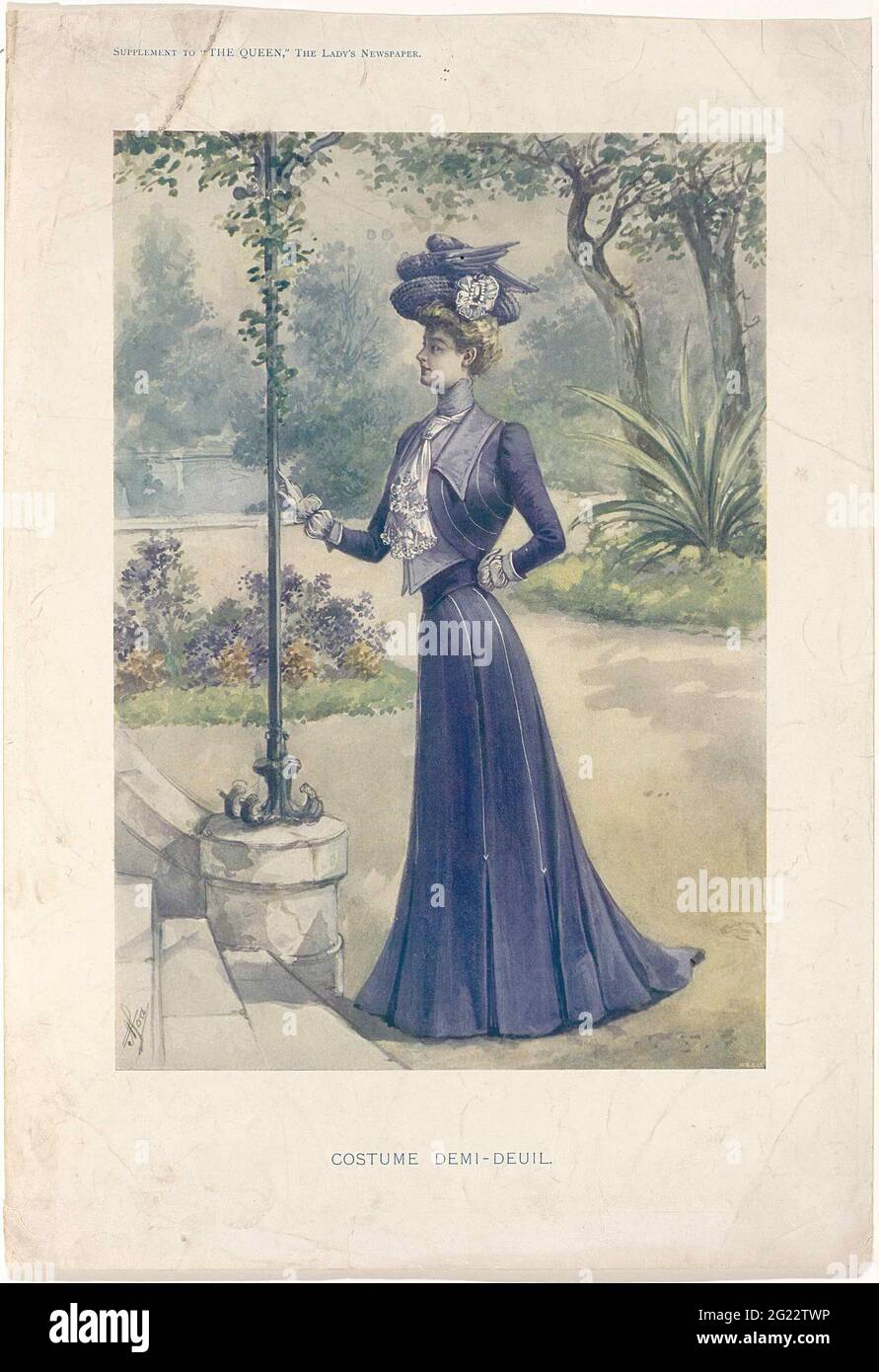 The Queen, The Lady's Newspaper, 1900: Costume Demi-Deul. Costume for half mourning: dark purple jacket with rounded fronts; Light purple flat pointed collar and cuffs. White tie. Puffing under-sleeving. Dark purple skirt with drag. Matching dark purple hat decorated with two wings and white bow. Print from the English fashion magazine 'The Queen' (1861-19 ..) Stock Photo