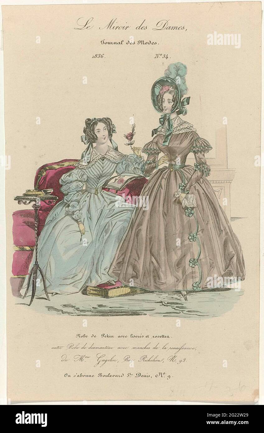 Le Miroir des Ladies, Journal des Modes, 1836, no. 34: Robe de Pekin (...).  Jap of 'Pekin' with rosettes; 'Robe de Diamantine' with mamelukshoken or  'Manches de la Renaissance' by Gagelin. Accessories: