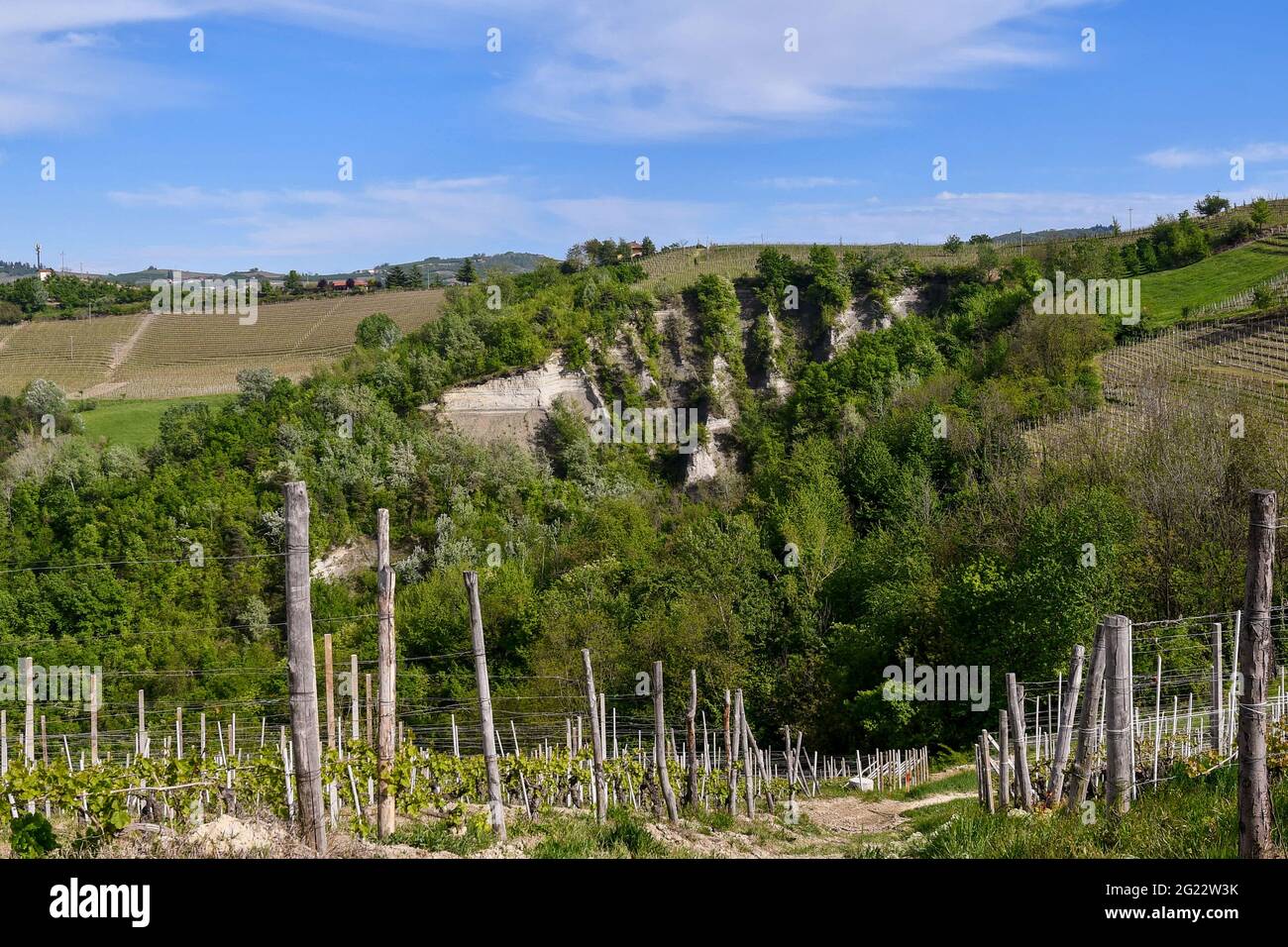 Scenic view of a 'Rocca' (rock), the result of a geological erosion phenomenon characterized by deep gorges, Treiso, Cuneo, Piedmont, Italy Stock Photo