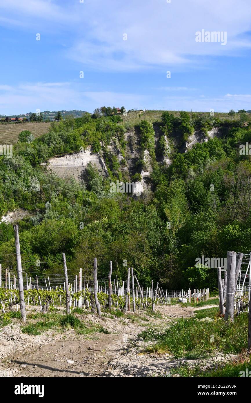 Scenic view of a 'Rocca' (rock), the result of a geological erosion phenomenon characterized by deep gorges, Treiso, Cuneo, Piedmont, Italy Stock Photo