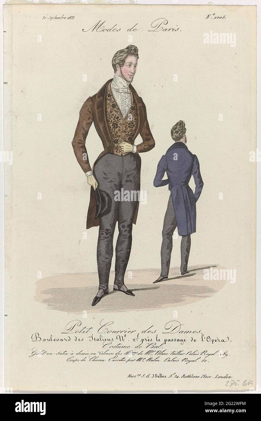 Petit Courrier des Ladies, 30 Septembre 1833, No. 1005: Gilet Satin à  Dessin (...). Men's suit for a ball. Vest of satin with a shell from velvet  from Mr Blanc stores, tailor.