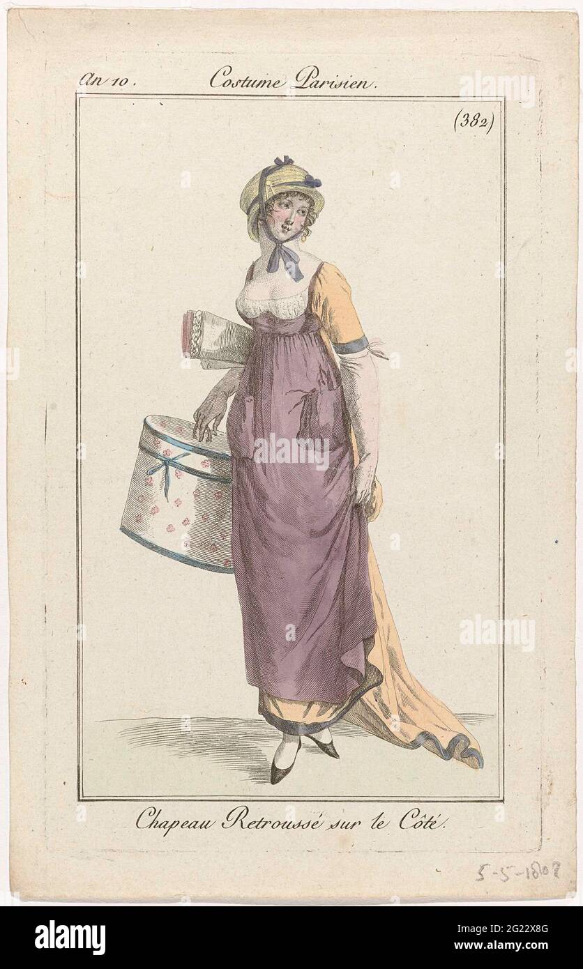 Journal des Ladies et des Modes, Costume Parisien, 5 MAI 1802, AN 10,  (382): Chapeau Retroussé (...). Modiste with a hat whose edge on the side  has been stopped with a knot