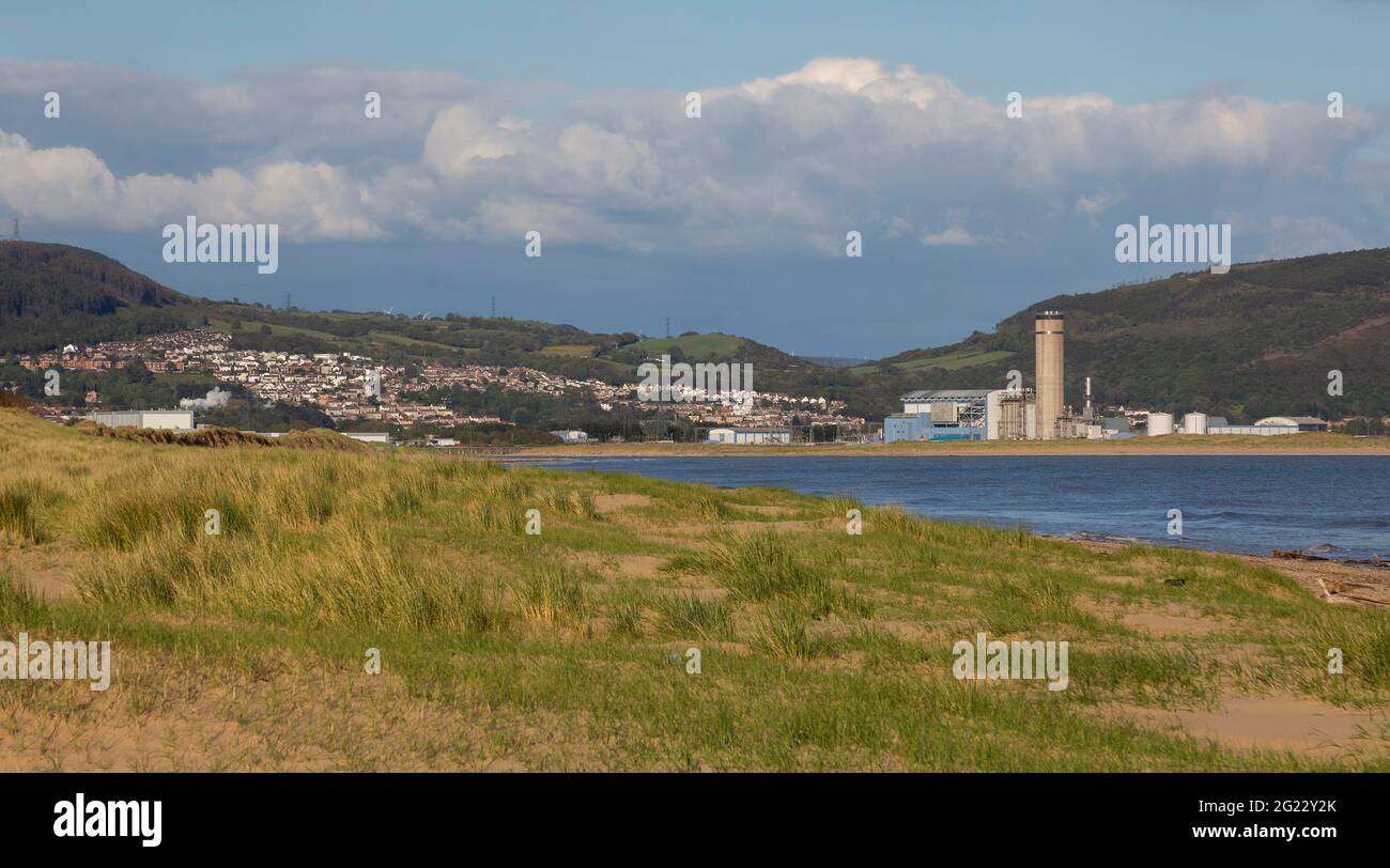 Editorial Port Talbot, UK - May 26, 2021: The industrial area near Swansea and Neath in South wales, UK, called Baglan Bay, a 525MWe gas-fired power s Stock Photo