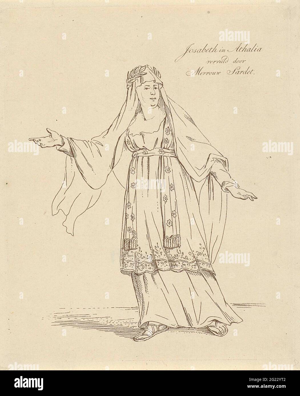 Mrs Sardet in the role of Josabeth; Josabeth in Athalia (...); Actors and actresses in different roles. The actress Mrs Sardet as Josabeth, dressed in Greek robe. A veil with laurel wreath on the head. Print from a series of ten with Dutch actors and actresses in different roles. Stock Photo