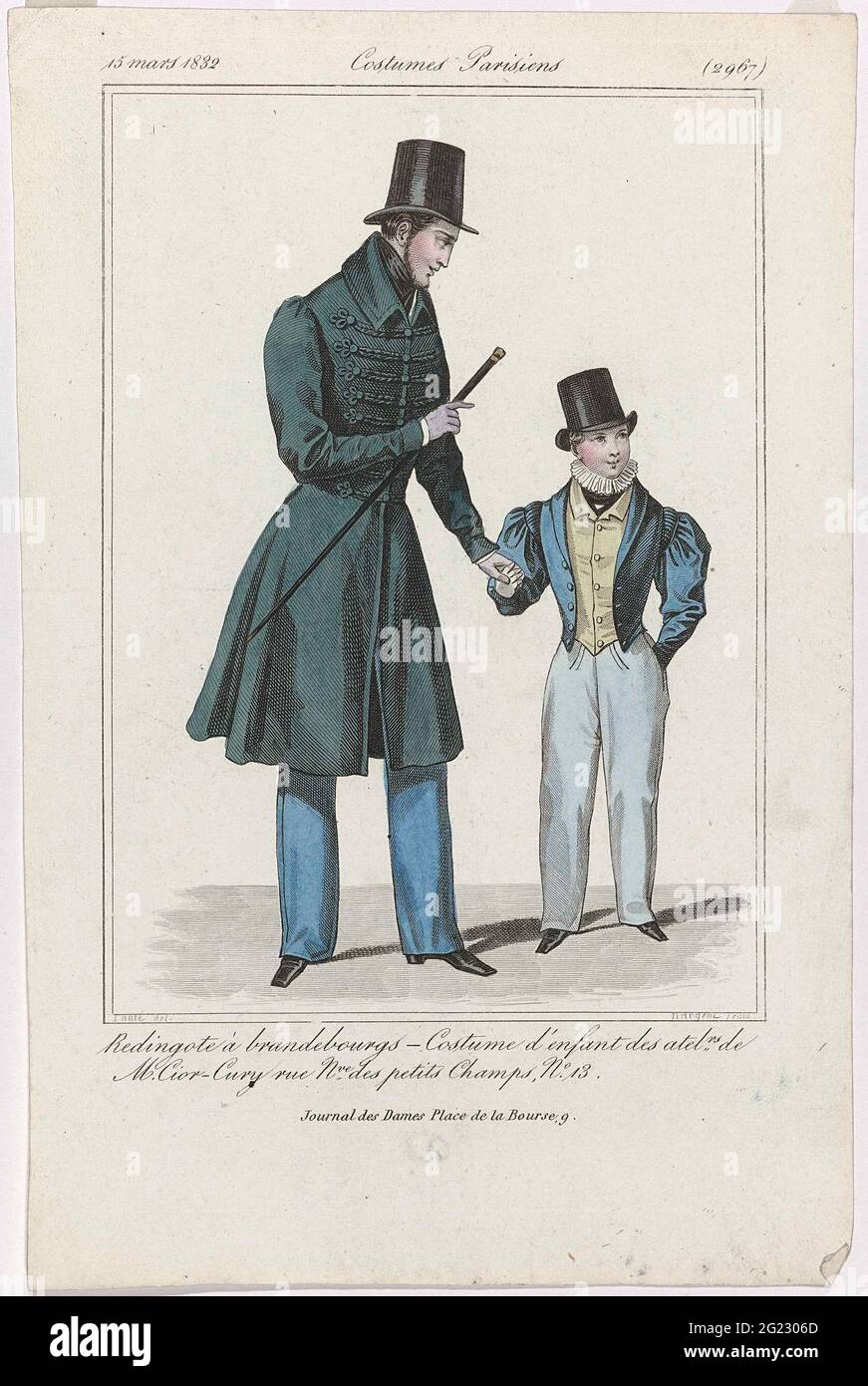 Journal des Ladies et des Modes, Costumes Parisiens, 15 Mars 1832, (2967):  Redingote à BrandeBourgs (...). Man with a boy on hand. The man wears a  rescueote with BrandeBourgs on long pants.