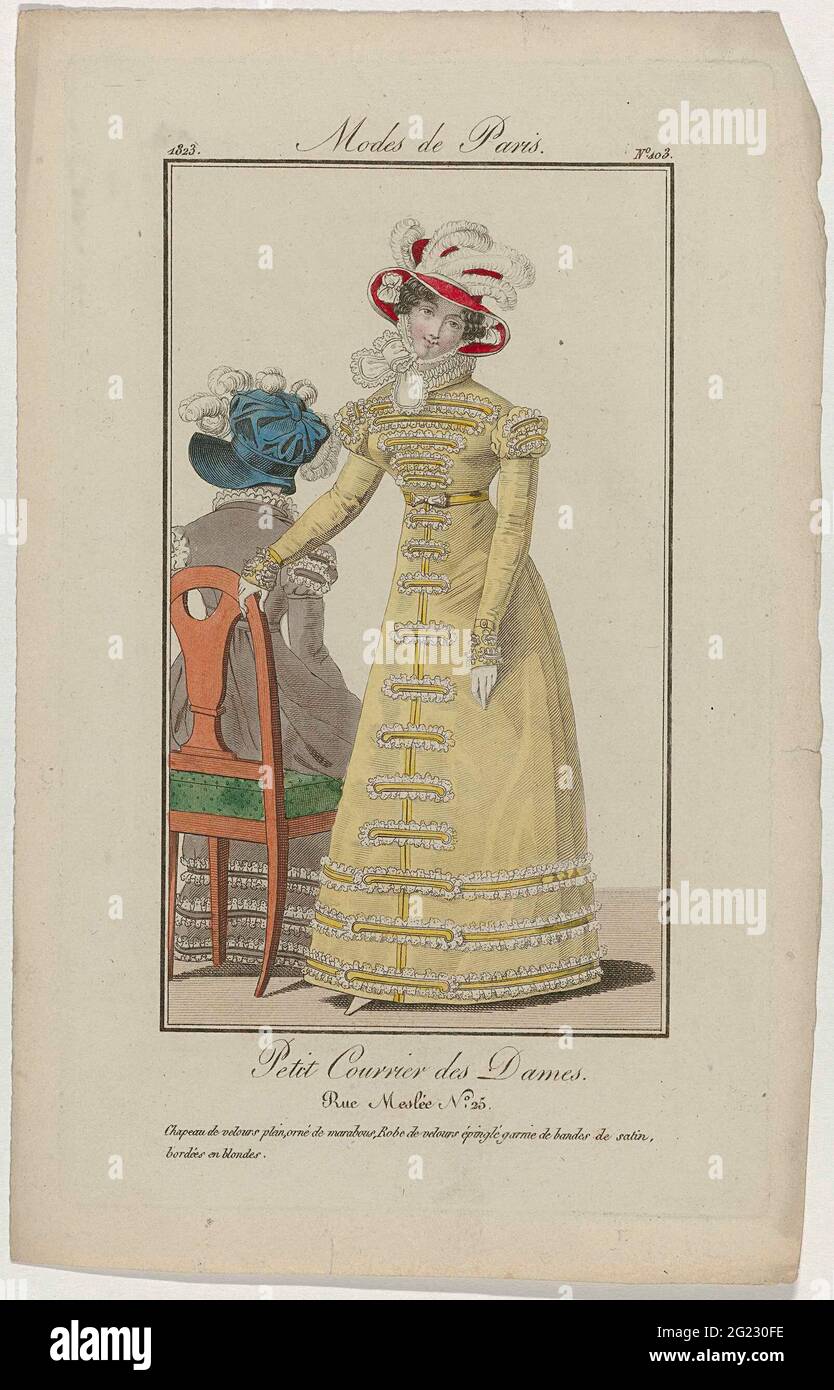 Petit Courrier des Ladies, 1823, No. 103: Chapeau de Velours square (...).  Standing woman with a hat of solid velvet, decorated with mara farming. She  is wearing a Jap of 'velor épinglé',