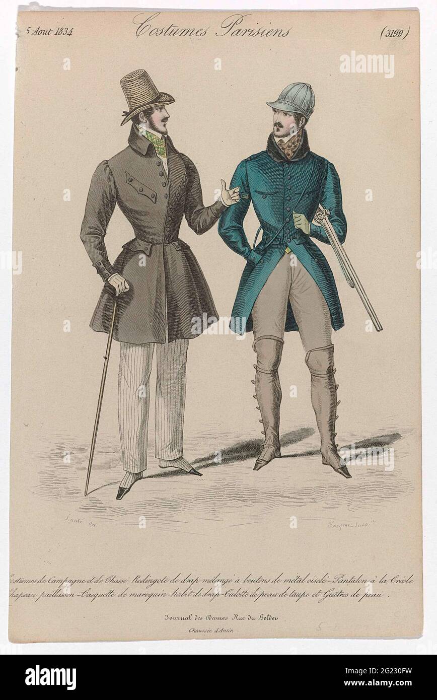 Journal des Ladies et des Modes, Costumes Parisiens, 5 Aout 1834, (3199):  Costumes De Campagn (...). Two men in costumes for the countryside and for  hunting. Left: REDINGOTE OF 'DRAP MÉLANGÉ' with