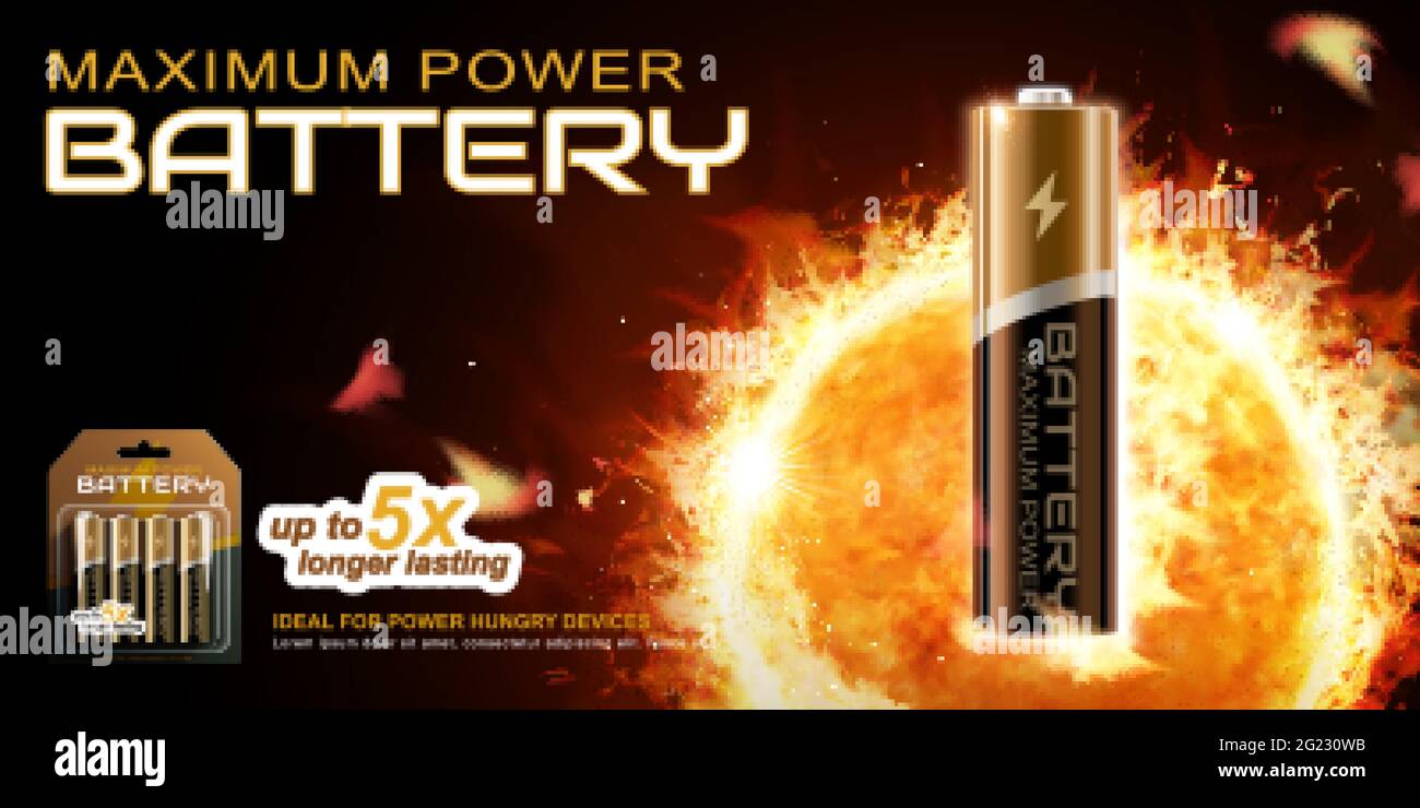 3D Li-Ion AA battery discharging on a red fireball background. Banner advertisement design of a battery product Stock Vector