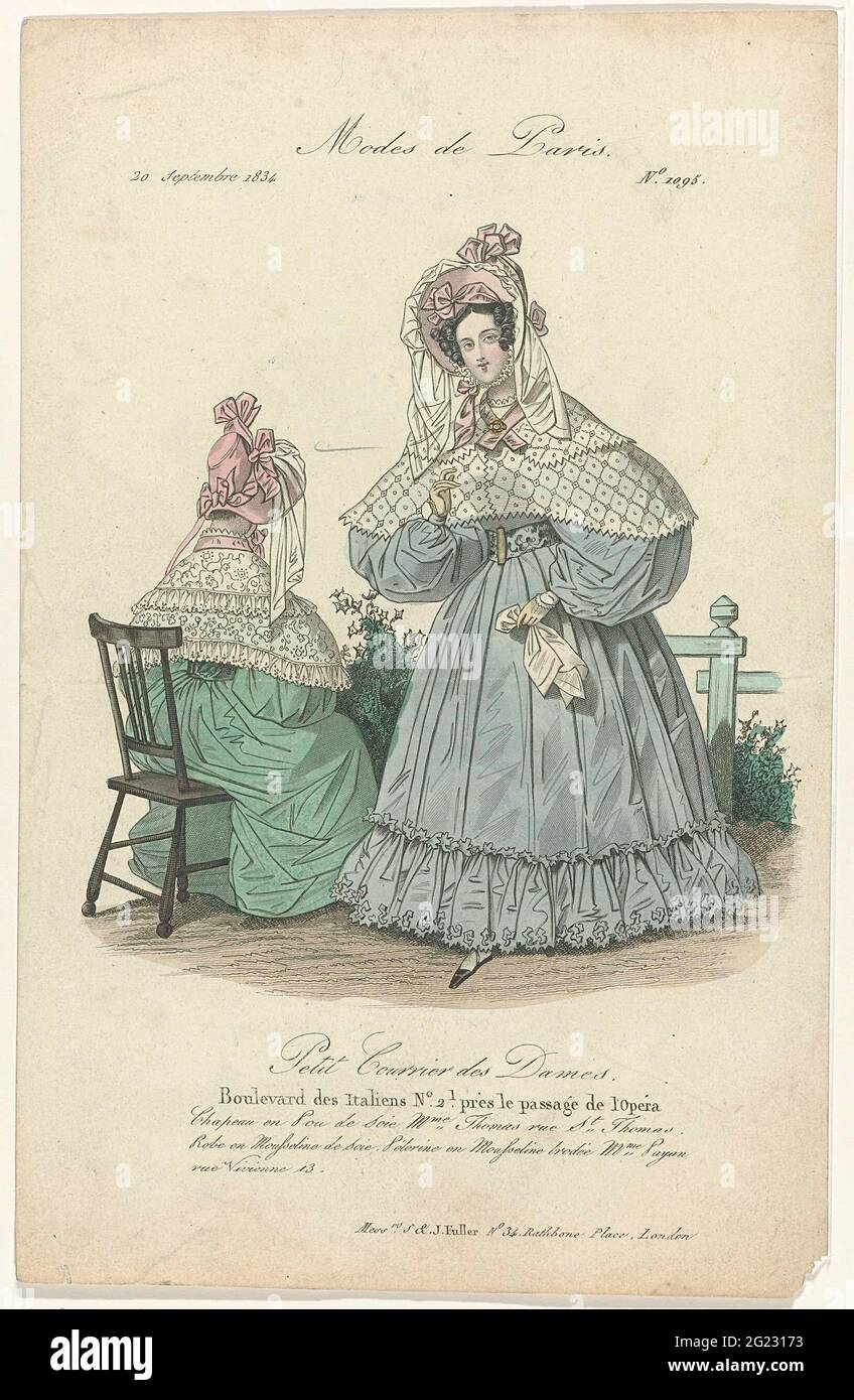 Petit Courrier des Ladies, 20 Septembre 1834, No.1095: Chapeau and Pou de  Soi (...). "Pou de Soie" hat from Thomas. Jap of embroidered silk  mousseline. Pelerine of embroidered muslin from Mme Payan.