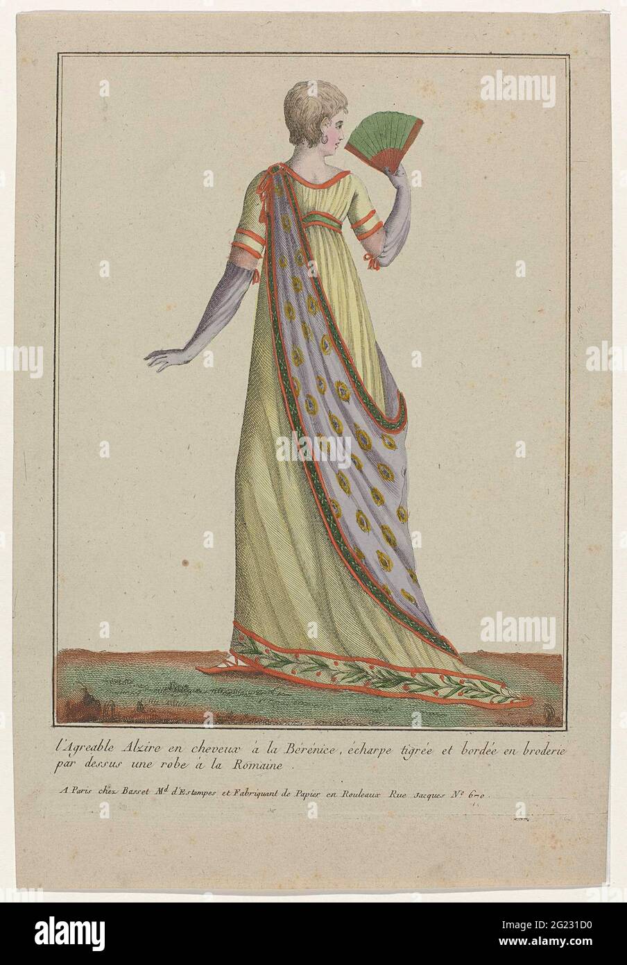 Collection Consacrée Aux Modes d'Hommes et de Femmes, 1783-1813, no. 102:  L'Agréable Alzir (...). Woman, seen on the back, dressed in a 'robe à la  romaine' or a dress at the zoom