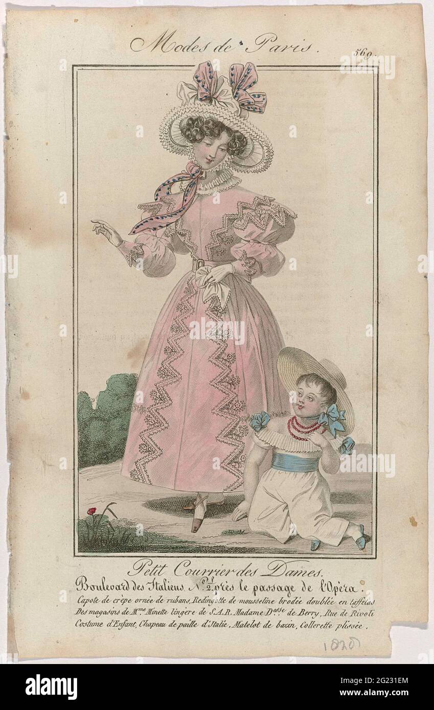 Petit Courrier des Ladies, 1828, No. 569: Capote the Cream Ornée de Rubans  (...). 'Capote' of crepe decorated with ribbons. Redingote of embroidered  muslin and lined with taffy side, from the shops