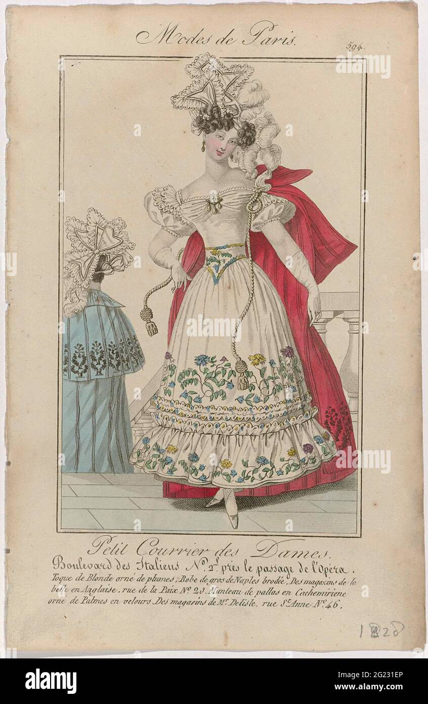 Petit Courrier des Ladies, 1828, No. 594: Toque De Blonde (...). Woman with  a 'toque' of blonde on the head (closking), decorated with feathers. Jap  with puff sleeves of embroidered 'Gros de