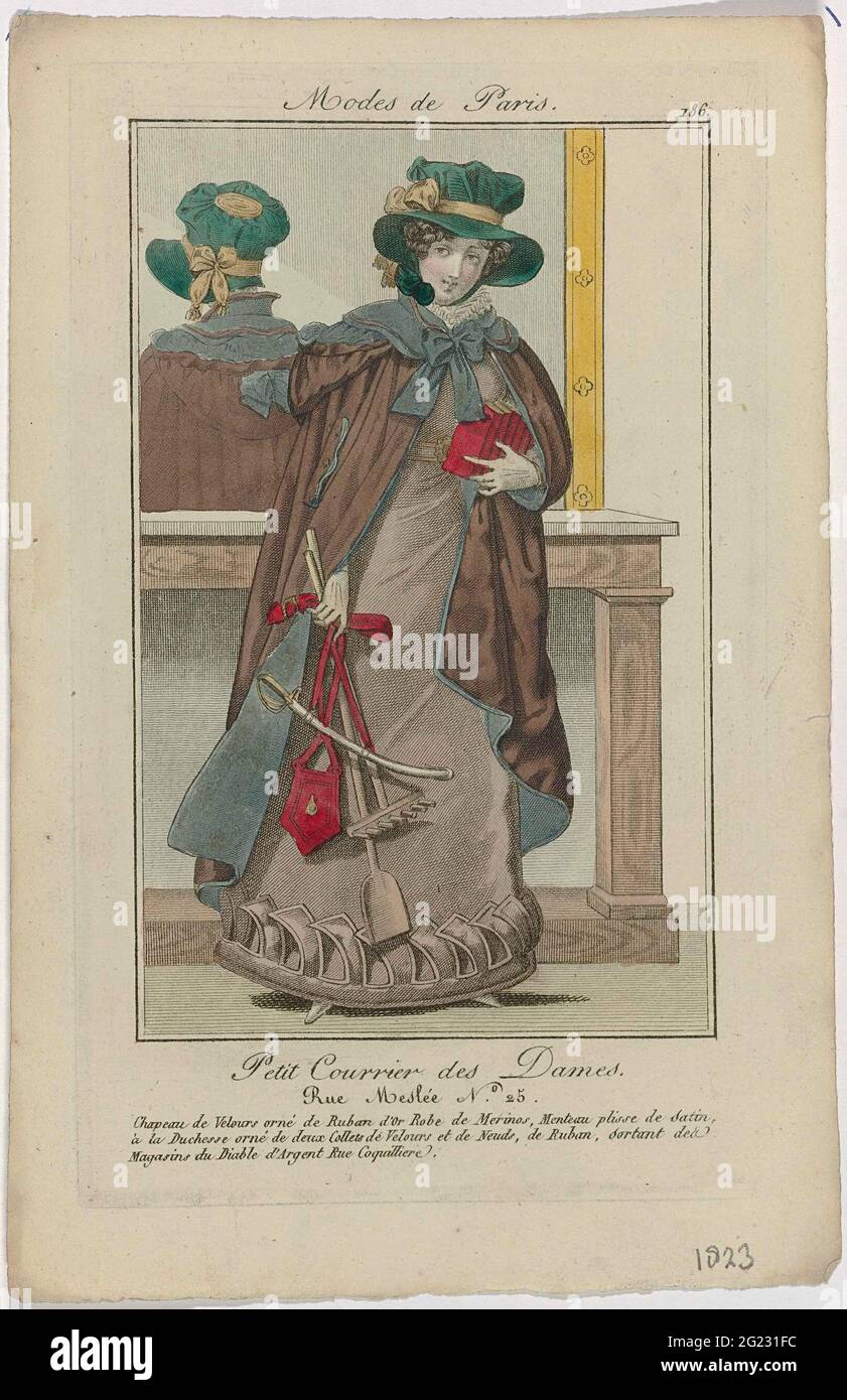 Petit Courrier des Ladies, 1823, No. 186: Chapeau de Velours (...).  Standing woman with a hat of velvet, decorated with gold colored ribbon on  the head. She is wearing a role of