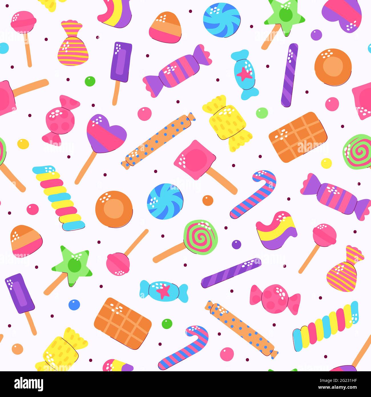 Cute multicolored candy set. Sugar Sweets on light background. Gummy, Chocolate, Caramel, Lollipops, Jelly, Peppermint, Marmalade, Drops of different Stock Vector