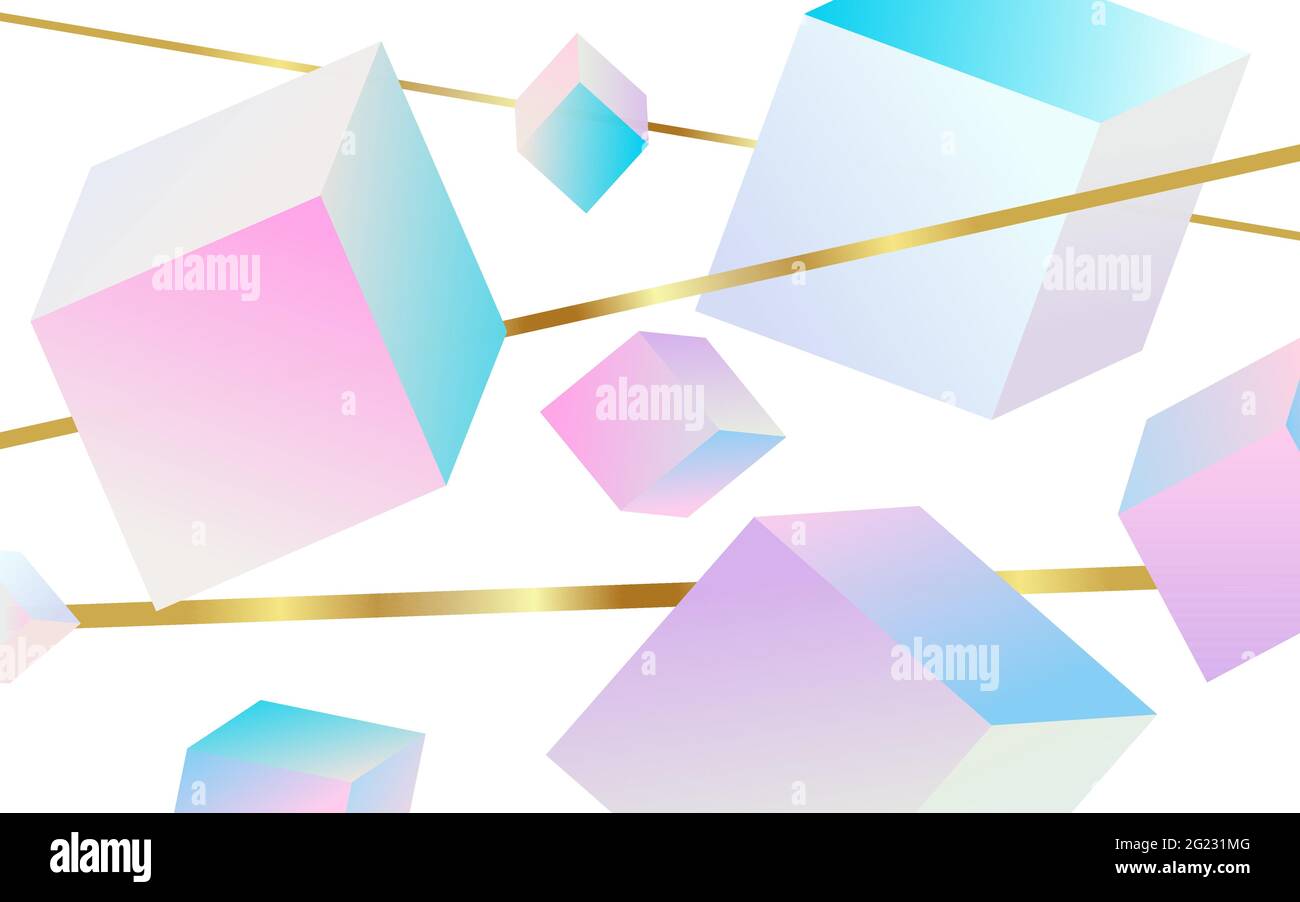 Color abstract banner with luxurious gold metallic gradient of geometric elements. Neutral pastel gentle background with cubes and golden stripes for Stock Vector
