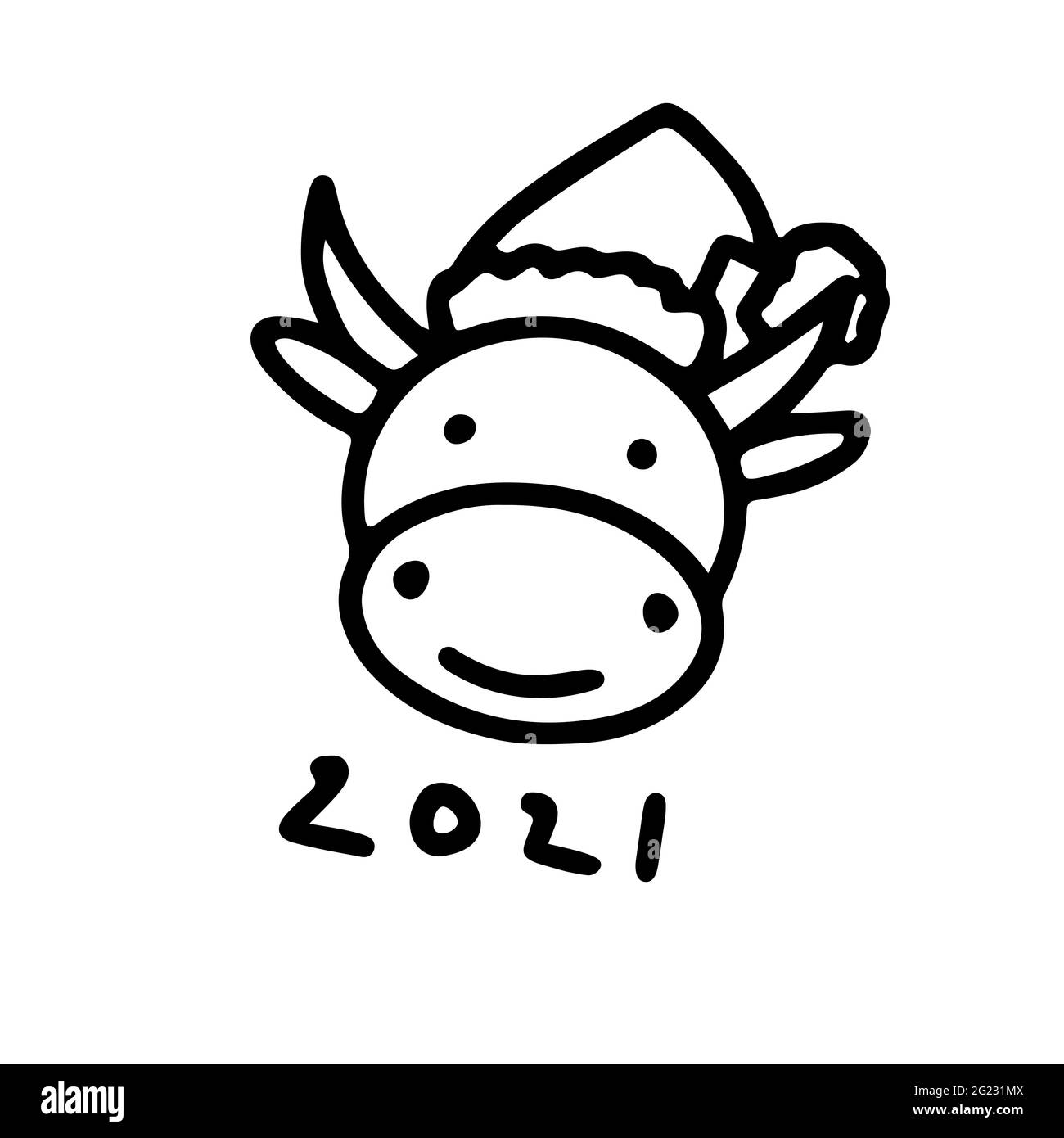 Doodle symbol of Chinese New Year 2021. Cute bull in Santa hat isolated on white background. Outline ox, cow as lunar zodiac sign. Happy New Year stic Stock Vector