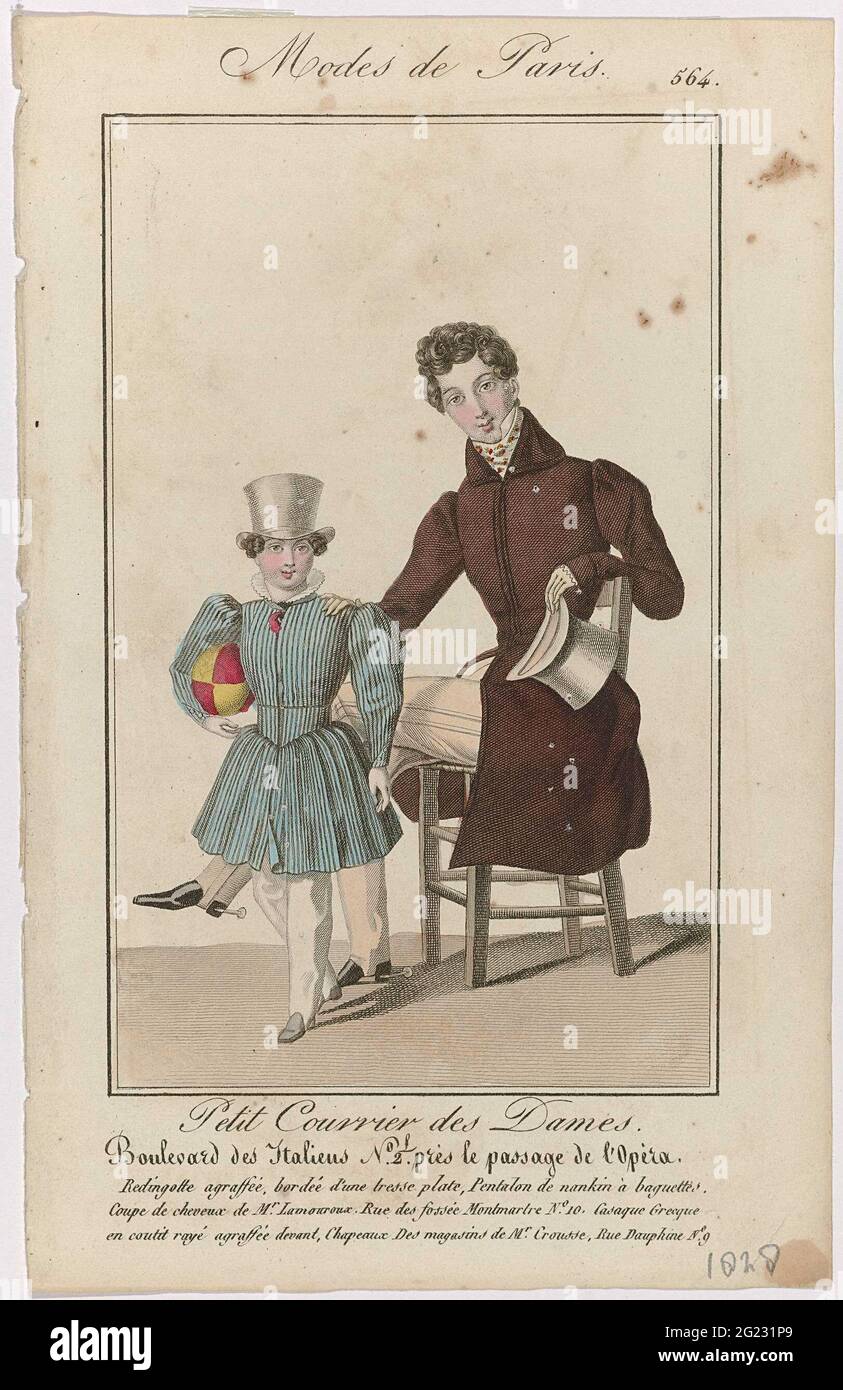 Petit Courrier des Ladies, 1828, No. 564: Redingotte Agraffé (...). Man: closed editingote, trimmed with a flat tres. Spanbroek from 'Nankin' with stripes on the side. Hairstyle by Mr Lamouroux. Accessories: knotted neckerchief, gloves, shoes with heels and traces. Boy: 'Casaque Grecque' from striped 'coutit', closed from the front. Spanbroek. Shoes with square noses. Ball in hand. Top hats from the stores of Mr Crousse. Print from the fashion magazine Petit Courier des Ladies (1821-1868). Stock Photo