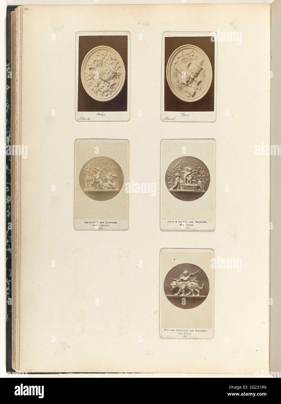 Five cartes-de-visite with two oval and three round ornaments; Amorets /  Amor & Bachus / Which four element. On the Cartes-de-Visite at the top are  two oval medallions with wine and beer