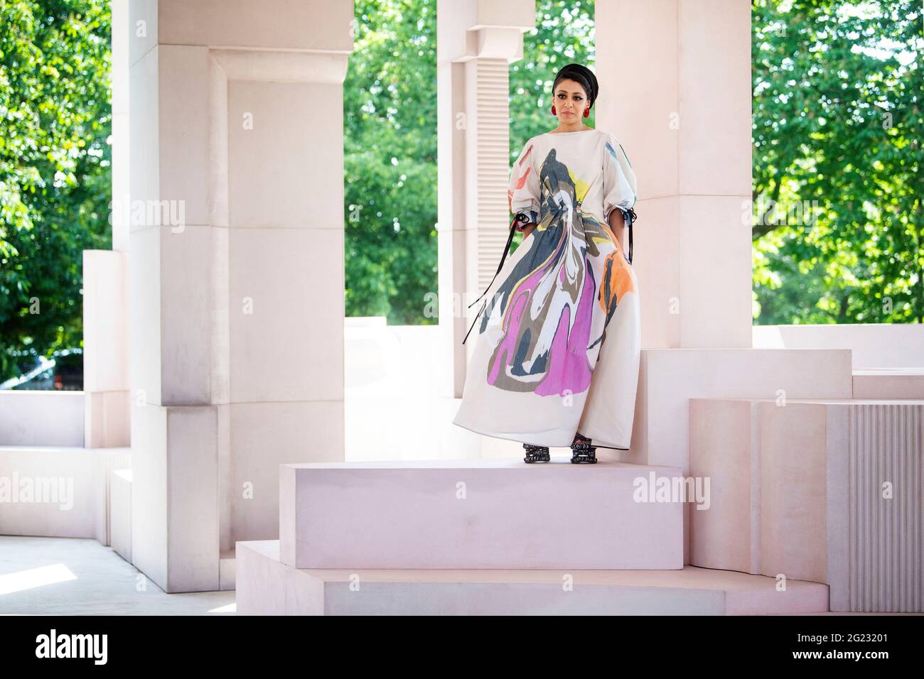 Architect Sumayya Vally during a press preview for the Serpentine Pavilion 2021, designed by Johannesburg-based practice Counterspace, at the Serpentine Gallery, London. Picture date: Tuesday June 8, 2021. Stock Photo