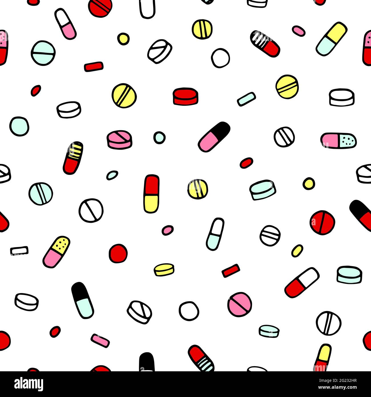 Seamless vector medical pattern. Black outline of multicolor pills isolated on a white background. Medicines, painkillers, antibiotic, vitamins, pharm Stock Vector