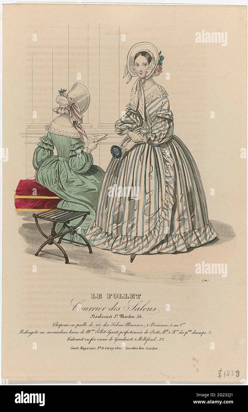 Le Follet Courrier des Salons, 1838, No. 762: Chapeau and Paille de Riz  (...). Two women in an interior, one of whom seen one on the back.  According to the caption: Hat