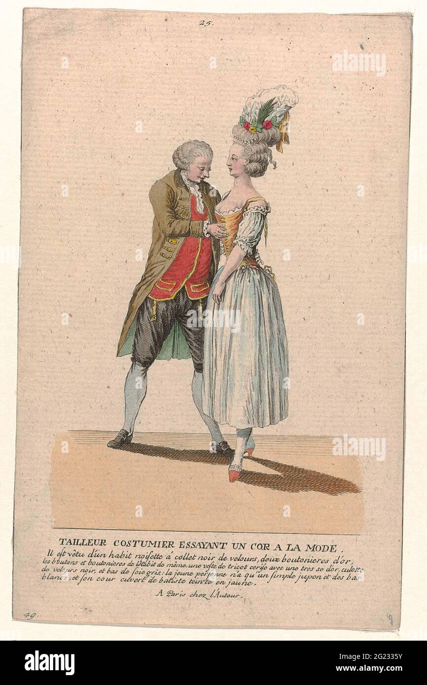 Gallery des Modes et Costumes Français, 1785, No. 25, no. 49, Copy to P 85:  Tailleur costumier essayant (...). The tailor adjusts a young woman a  corset. He wears a 'habit' with