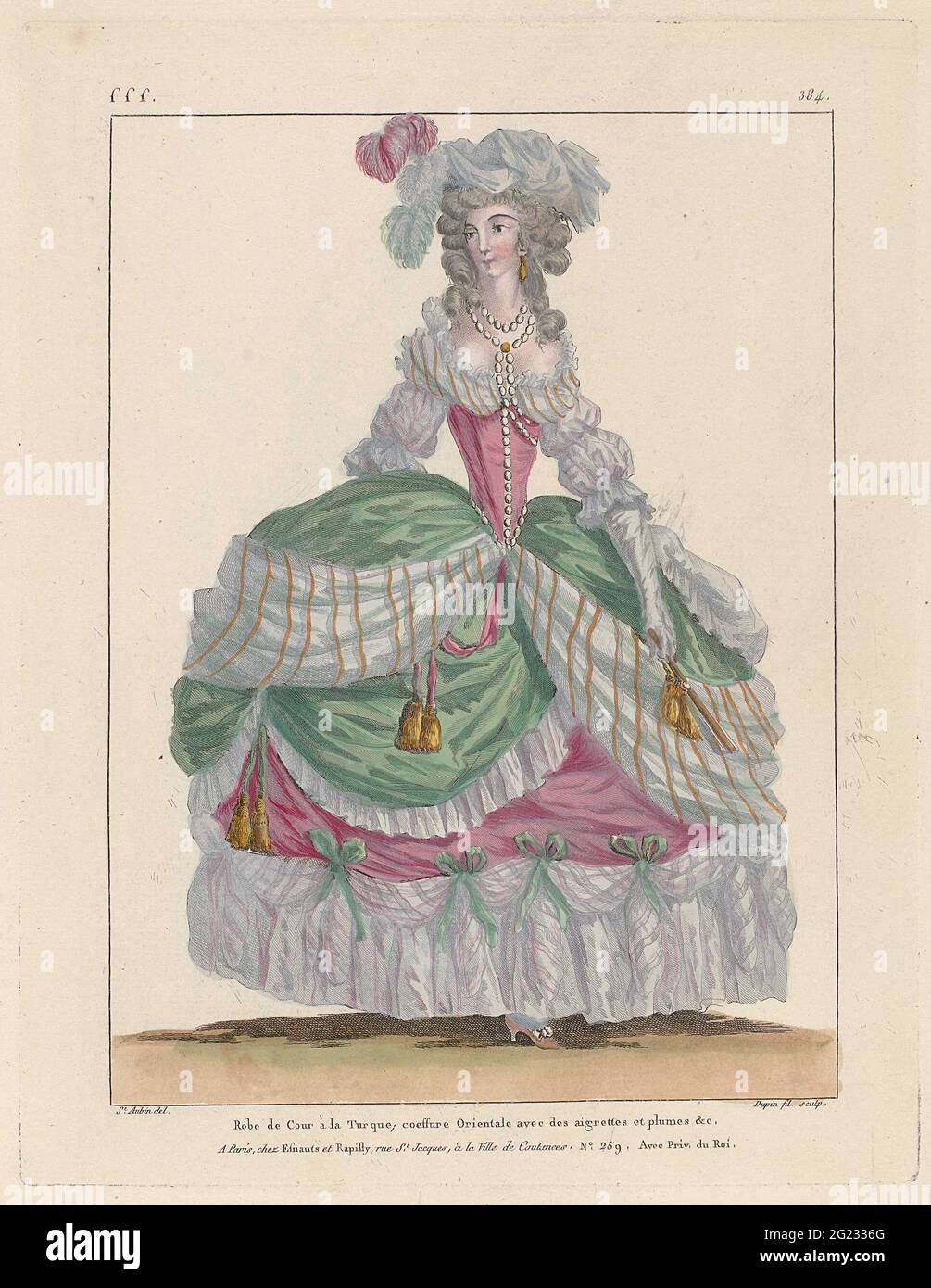 Gallery des Modes et Costumes Français, 1787, SSS 384: Robe de Cour à la  Turque; (...). Woman in a court juke 'à la turque'. The dress is decorated  with ribbons and brushes,