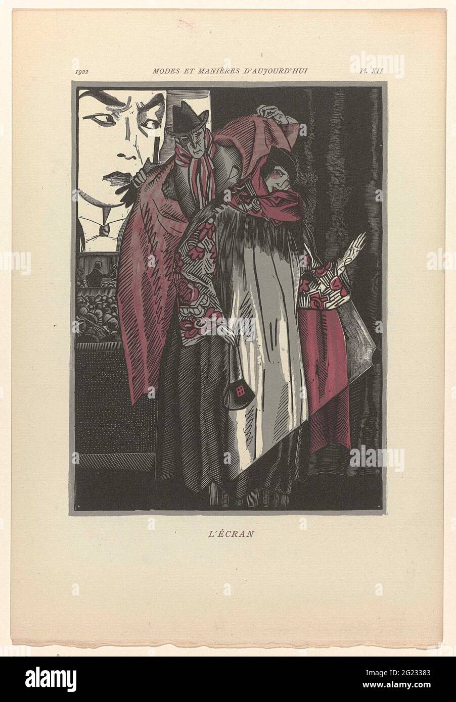 Modes Et Manieres D Aujourd Hui 1922 Pl 12 L Ecran Woman In A Cloak Whose Collar And Sleeves Have A Geometric Flower Pattern Scarf Around The Neck Small Handbag In Hand A Man With Modes Et Manieres D Aujourd Hui 1922 Pl 12 L Ecran Woman In A Cloak Whose Collar And Sleeves Have A Geometric Flower Pattern Scarf Around The Neck Small Handbag In Hand A Man With