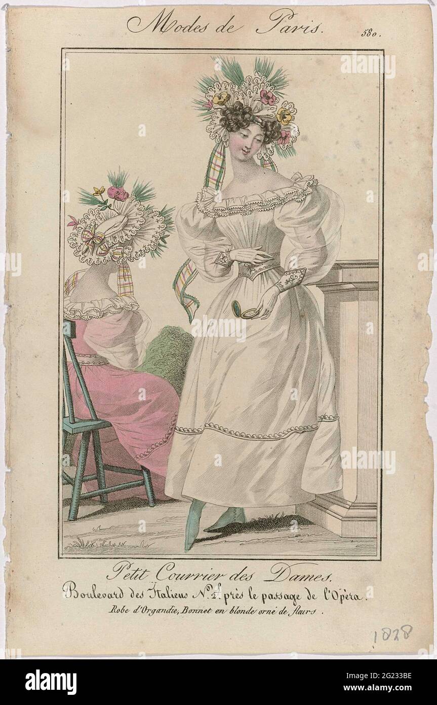 Petit Courrier des Ladies, 1828, No. 580: Robe d'Organdi (...). Japon of  Organize. Long transparent sleeves over short puff sleeves. Blond hat (dock  edge) decorated with flowers. Further accessories: gloves, box (?),