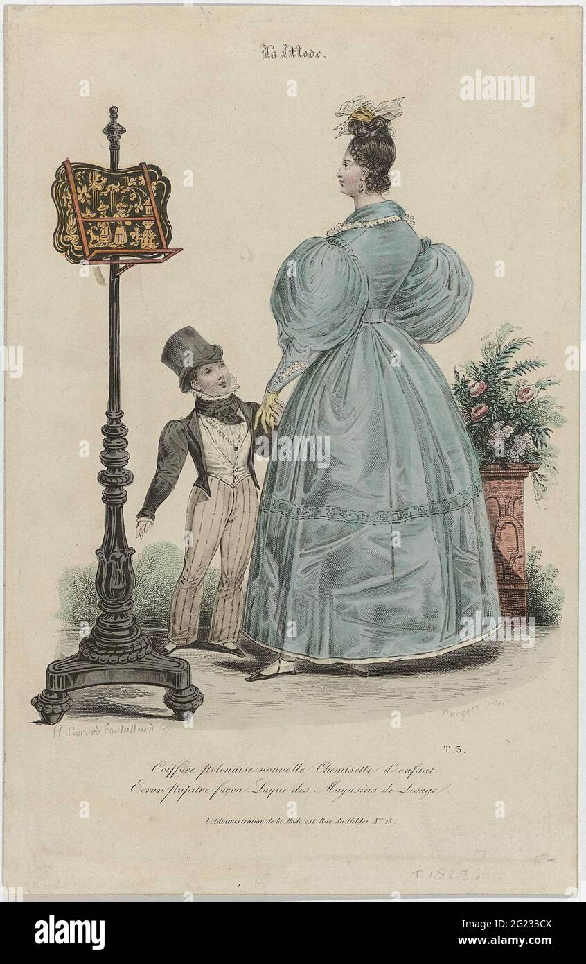 La Mode, 1830, T.3: Coeffure Polonaise Nouvell (...). "Coeffure Polonaise  Nouvelle". Japon with sheep bolt sleeves. Accessories: Earring in the left  ear, glove, flat shoes with square noses. Child: jacket, vest, 'chemisette'