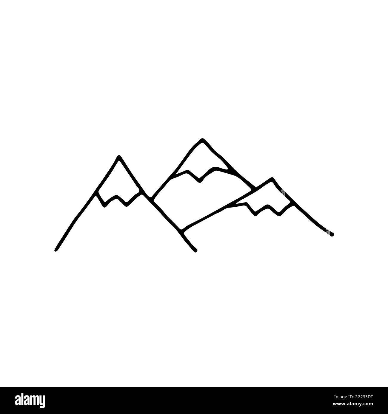Doodle vector mountains. Outline Mountain isolated on a white background. Hand-drawn landscape detail. Cute stylized Scandinavian style snow capped mo Stock Vector