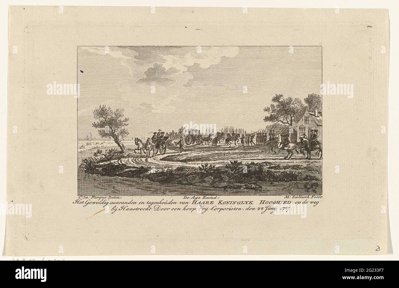 Arrest of the princess at Goejanverwellesluis, 1787; Amazing and stopping Haare Koninglyk Hooghied on the road at Haastrecht through a lot of free corporists. den 28 June 1787. Arresting the procession of carriages with Princess Wilhelmina van Prussian by an exercise joy with Goejanverwellesluis, 28 June 1787. Stock Photo