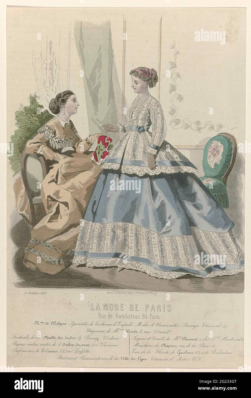 La Mode de Paris, 15 Octobre 1865: M.on de l'Eclips (...). Two women in an  interior. Under the show some rules advertising text for different  products. Print from the La Mode de